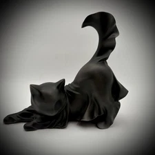 Black Cat Statue Whimsical Stretching Tail Upwards Decorative Figure