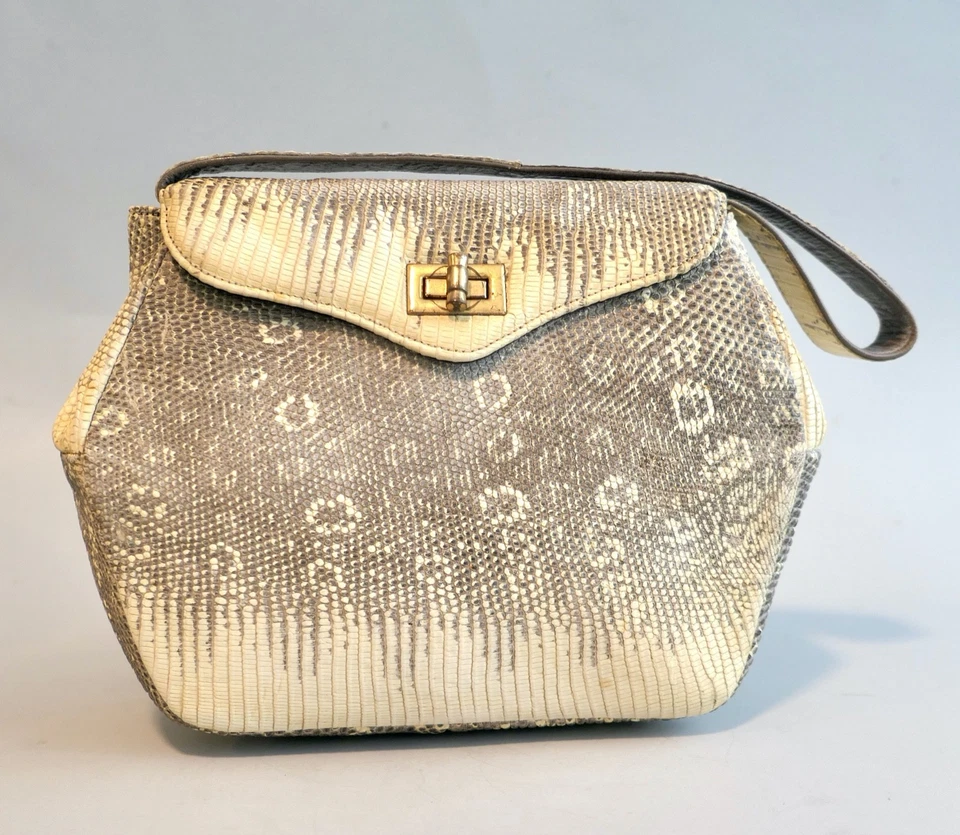 Cartera de mano única vintage de los años 50 con textura serpiente pitón reptil Foto 2 de 4