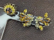 Vintage Gold Tone Clip Earrings & Ring Amber/AB Stones Juliana Schreiner Quality