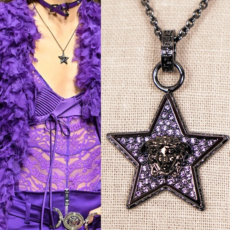 NUOVA COLLANA STELLA CHARM VERSACE RUNWAY $595 OTTONE MEDUSA CRISTALLO PAVIMENTAZIONE