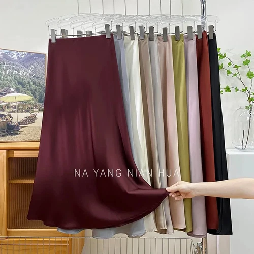 Satin High Waist Skirts Women Elegant Long Skirt Elegant Casual Office A-line - Picture 15 of 34