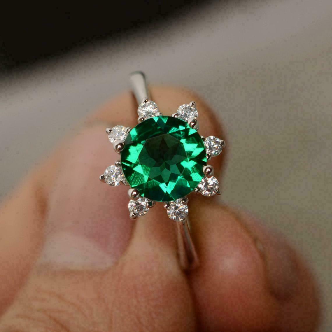 2Ct Simulated Emerald Halo Engagement Ring in 14K White Gold Plated Silver  