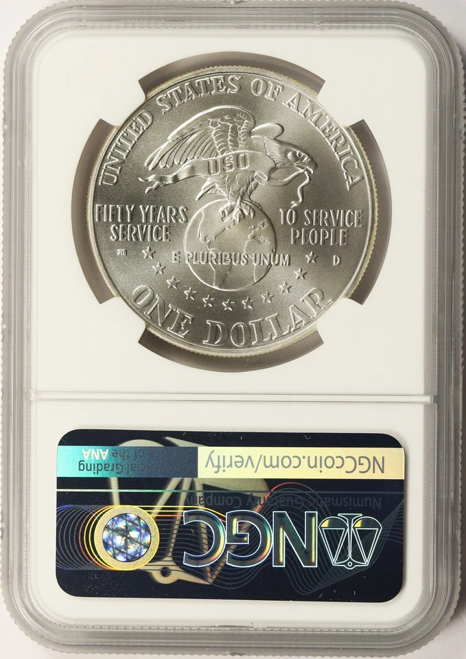 1991-D USO Anniversary $1 Commemorative Silver Dollar NGC MS69 - Image 2 of 2