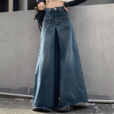 Women Wide Leg Denim Jean Flared Trousers Bell-bottom Pants High