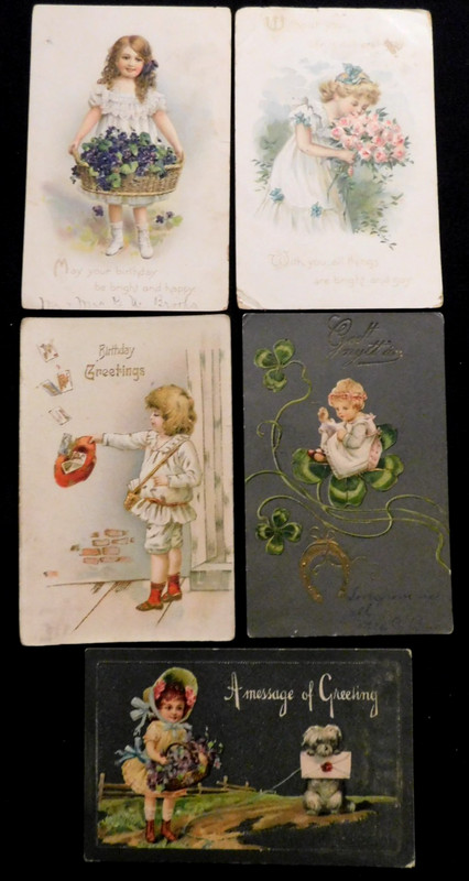 5 Antique greeting postcards c1910~All with young girls and flowers