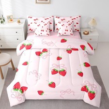 Strawberry 7 Piece Bedding Set Twin Bowknot Comforter Set with Sheets for Kid...