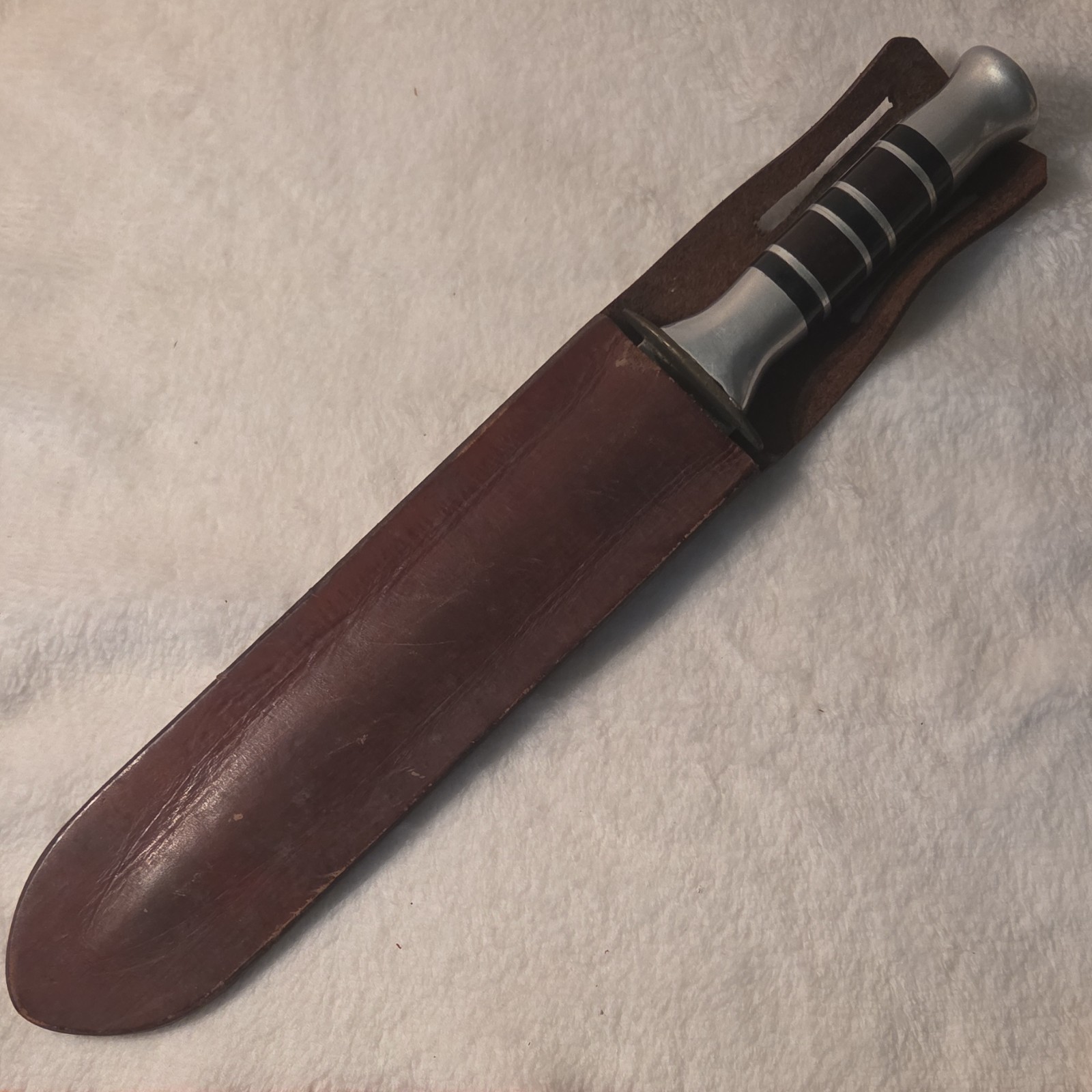 Vintage Bowie Knife Aluminum Handle Clip Point Blade Plain Edge with Sheath