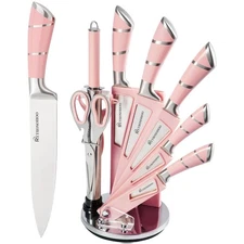 Kitchen Knife Set, 9-Pieces Pink Sharp Non-Stick Coated Chef Knives Block Set...