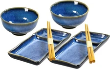 Ceramic Japanese Appetizer Sushi Plates and Bowls Set for 2 | 7" Rectangle Su...