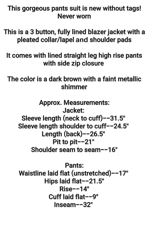 Le Suit Pants Suit Size 12 Two Piece Dark Brown Pleated Lapel Shimmer NEW  - Image 2 of 4