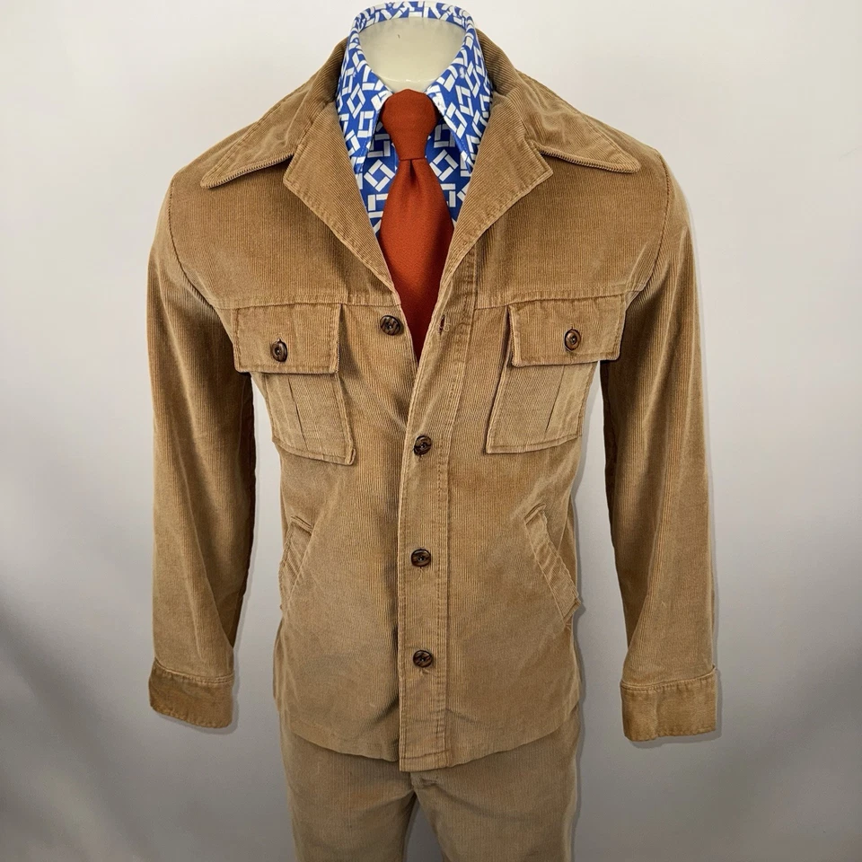 Vtg 60s 70s Leisure Suit Corduroy Mens 42 Jacket Coat 34 27 Pants Disco Haggar - Image 3 of 4