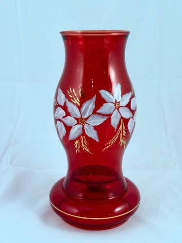Fenton Holiday Art Glass Hurricane/Candle Lamp, Hand Painted Poinsettia