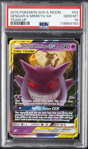 2019 POKEMON SUN & MOON TEAM UP #53 GENGAR & MIMIKYU GX PSA 10