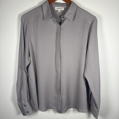 Repeat Silk Long Sleeve Button Up Blouse 40 Medium Quiet Luxury Minimalist Taupe