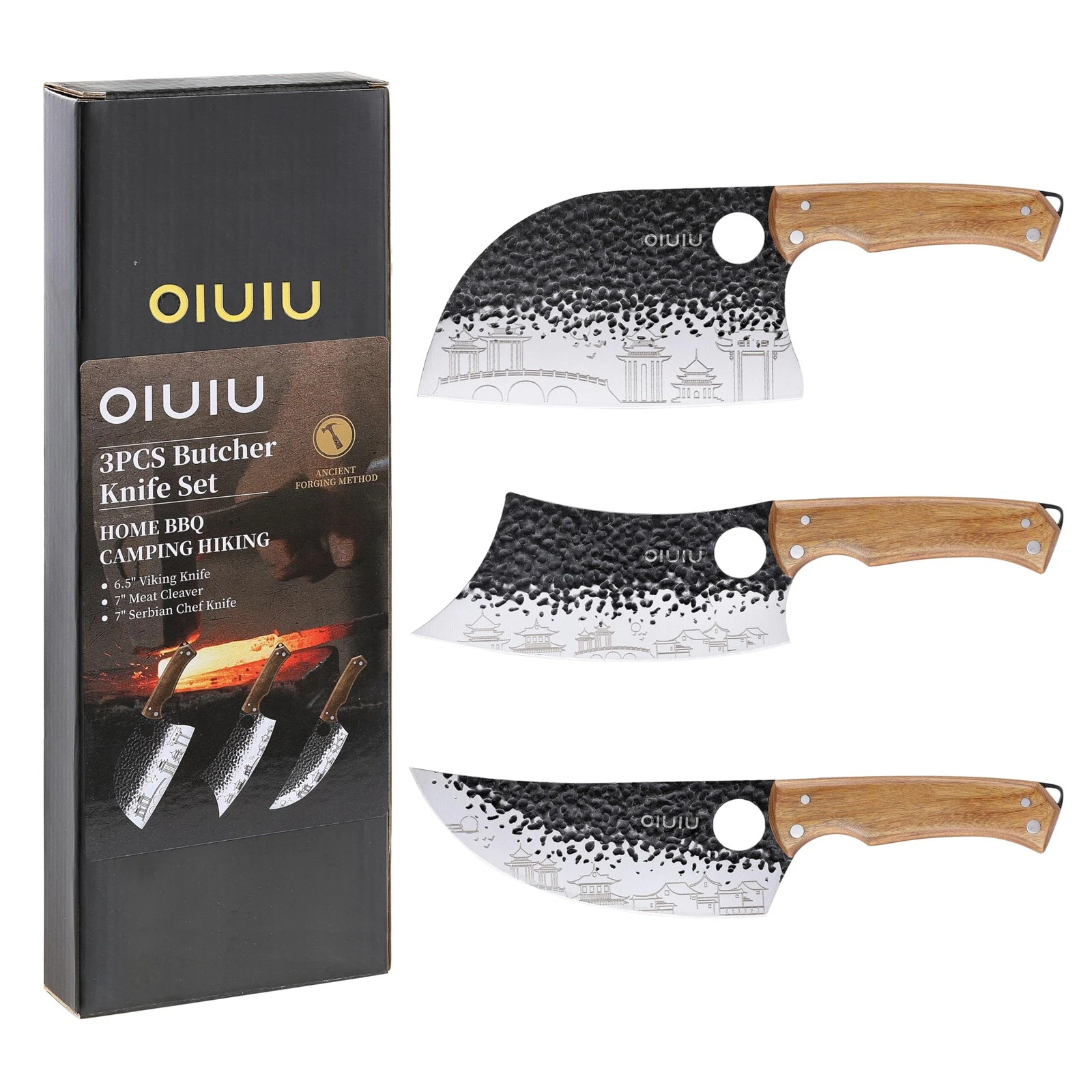 3PCS Butcher Set, 7" Butcher Meat Cleaver, 7" Serbian Chef and 6.5" Viking , ...