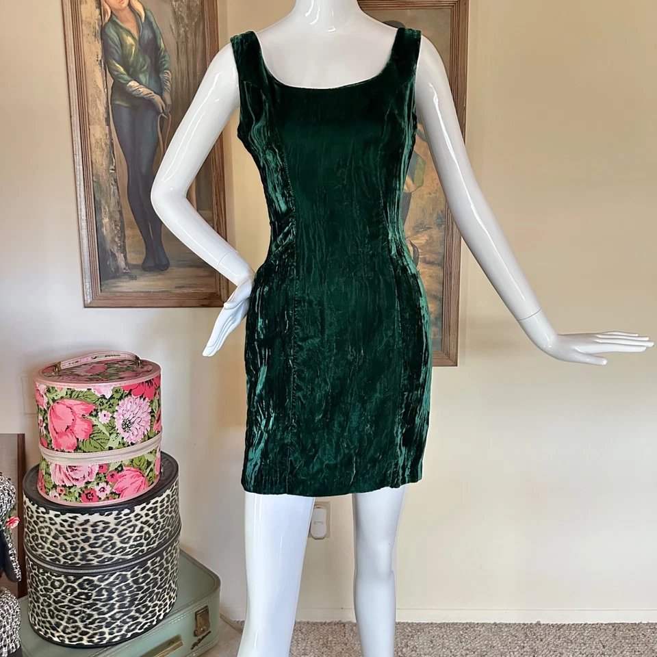 Vintage 90s Emerald Green Crushed Velvet Supermodel Bodycon Mini Dress XS/S - Image 3 of 4