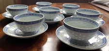 Lot of 7 Teacups & Saucers: Tienshan Rice Grain Pattern China~Chrysanthemum~EUC