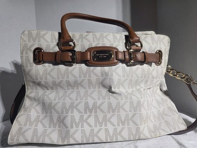 Michael Kors Hamilton Large Vanilla Logo Tote Bag with Chain & Buckle Accents