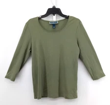 Karen Scott Shirt Womens Large Green 3/4 Sleeve Round Neck Casual Pullover Top