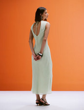 NWT MANGO MNG GREEN WRINKLED EFFECT SATIN OPEN BACK MIDI DRESS SZ M US 6