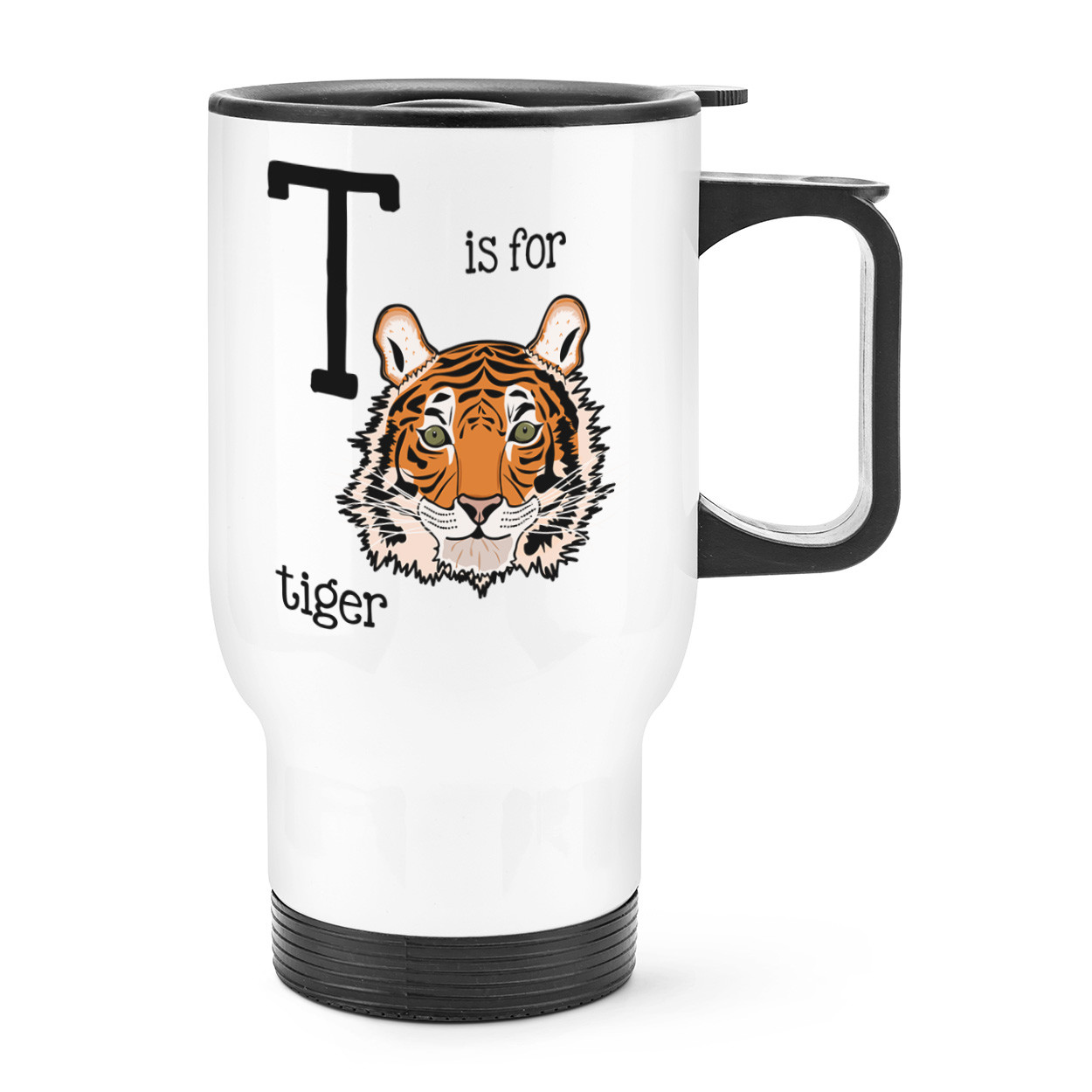 Letter T Is For Tiger Travel Mug Cup With Handle - Funny Animal Thermal Flask