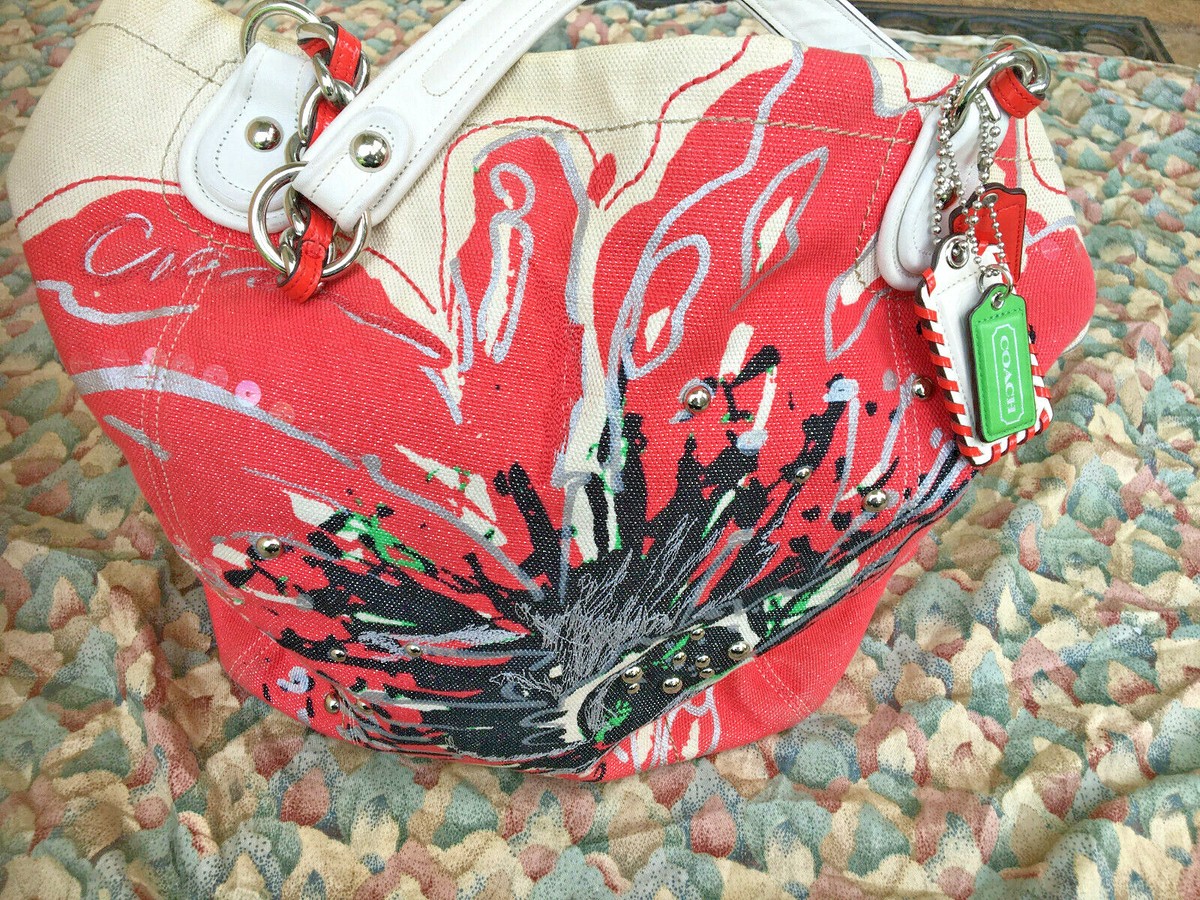 Coach Poppy Signature Coral Ivory Canvas Embellish LG Tote Purse