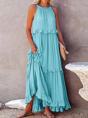 Womens Summer Maxi Dress Sleeveless Halter Neck Flowy Ruffle Hem Long Boho Dress - Picture 15 of 32
