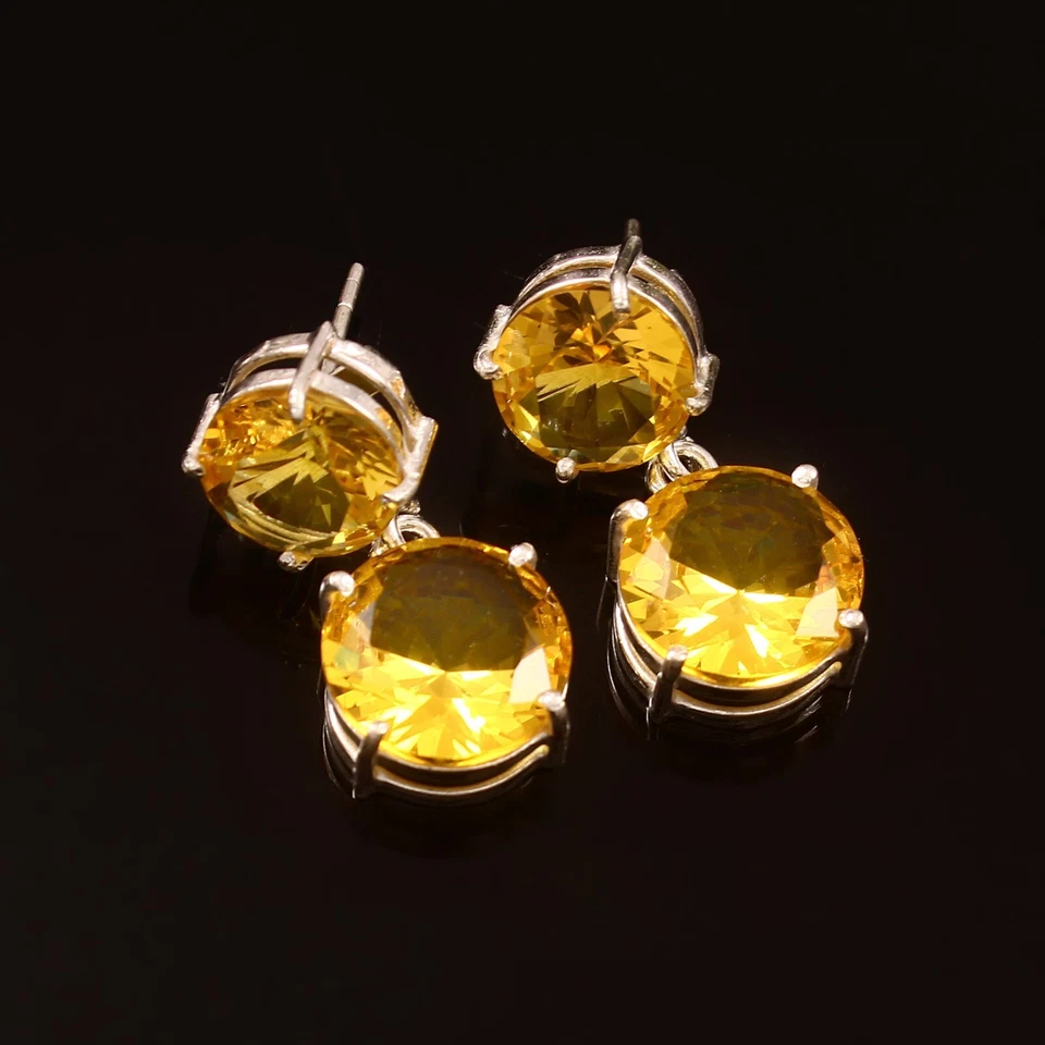 Pendientes redondos de cuarzo citrino amarillo piedras preciosas enchapados en plata delicadas joyas Foto 3 de 3