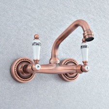 Antique Red Copper Bathroom Sink Mixer Taps Wall Mount Swivel Spout Basin Faucet