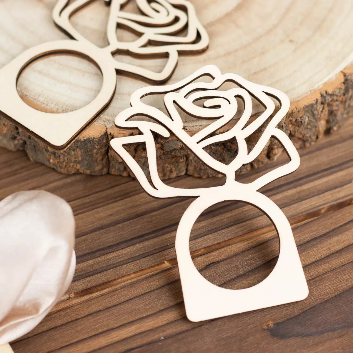 10 NATURAL Laser Cut Rose Design Wood NAPKIN RINGS Party Events Home  Decorations