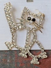 Jewelry Crystal Covered Cat Outline Pin Brooch With Black Crystal Eyes New