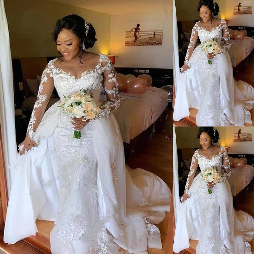 Detachable African Wedding Dresses Lace With Long Sleeve Mermaid Bridal  Gowns