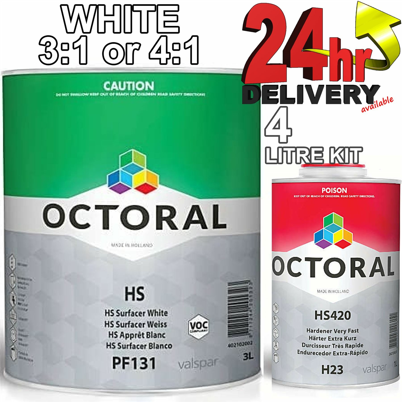 Octoral PF131 + H23 White HS Primer Surfacer with Very Fast Hardener 4Litre Kit