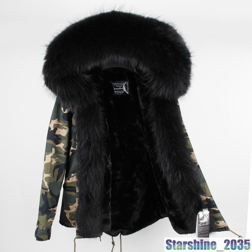 Chic Women Large Real Fur Collar Hood Coat Warm Jackets Short Parka Furry Winter - Picture 23 of 41