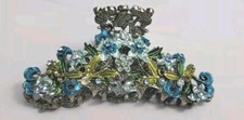 Blue Green Fauceted Rhinestones Pearl Silver tone Metal Painted HAIR CLIP Ornate