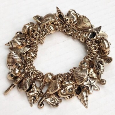 Gold Sea life Shell Starfish Seahorse Stretch Charm Bracelet