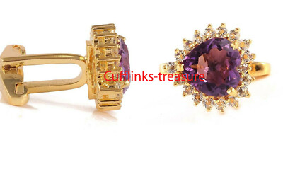 Natural Amethyst & CZ Gemstones 925 Sterling Silver Gold Plated Men Cufflinks #1