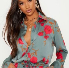 Prettylittlething long tunic blouse red floral teal green sz 8 or M