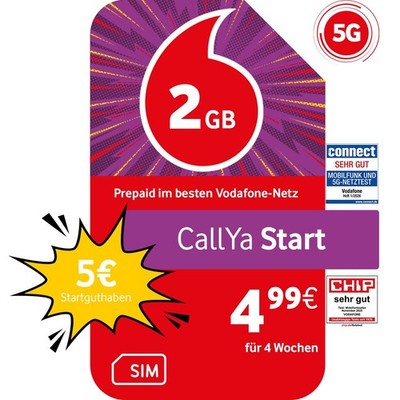Vodafone Prepaid CallYa Start|2 GB|5 EUR Startguthaben|ohne Vertrag|5G-Netz