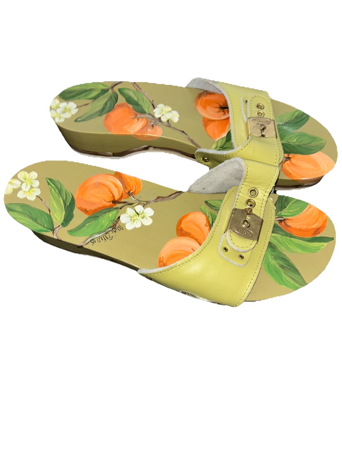 Vintage Dr Scholls Sandals Hand-Painted Hydrangea Floral Wooden Oranges Green 8