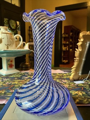 VTG MCM Turkish Pasabahce 7  Glass Vase Art   Blue & White Filament Spiral