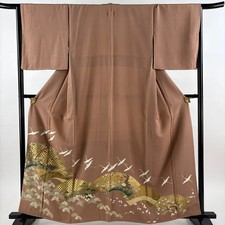 Colored Tomesode Silk Kimono M Brown Crane Fan Used Length 160.5cm