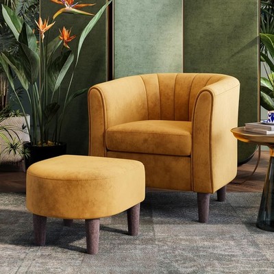 LINSY Accent Chair with Ottoman, Modern Barrel Chair Small Armchair Reading C...