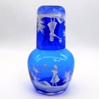 New ListingVTG Fenton Mary Gregory Cobalt Blue Glass Tumble Up Decanter & Cup Girl Bird