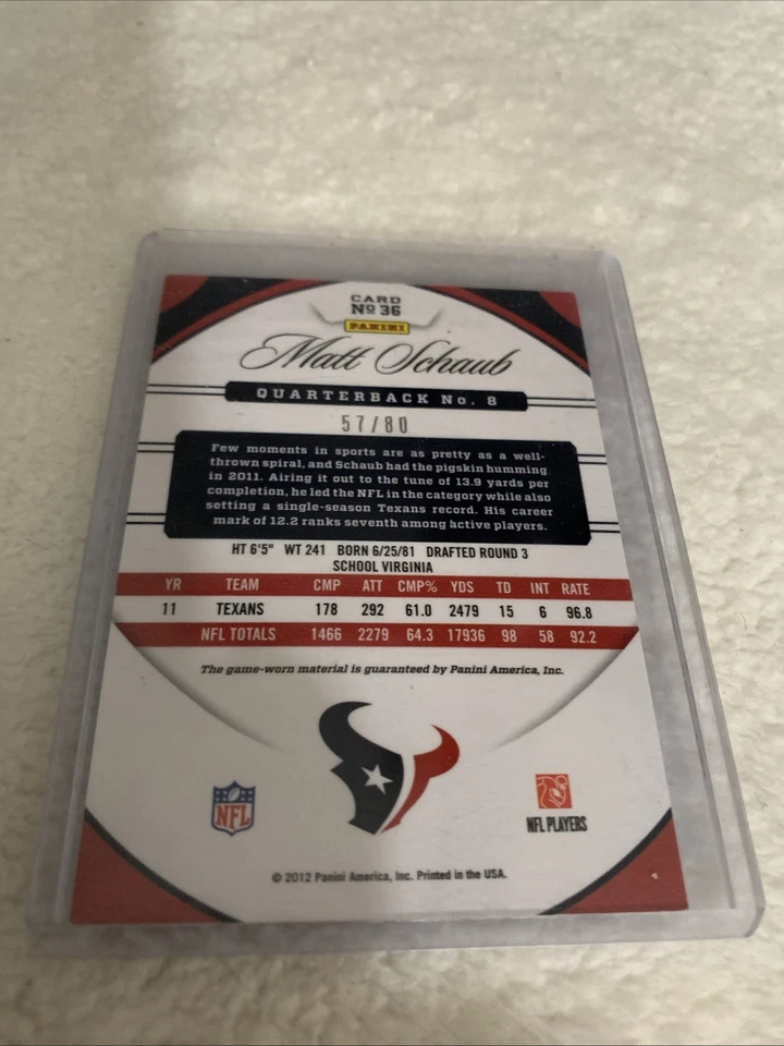 2017 Panini Certified Matt Schaub  #36 Mirror Red Jersey Relic #57/80 Texans - Image 2 of 3