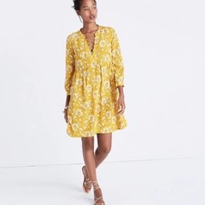 Madewell Women's Size XXS Yellow Assam Floral Silk Lace Up Babydoll Mini Dress