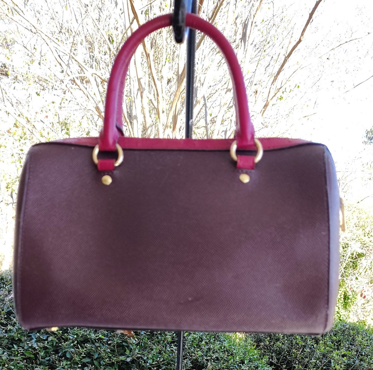 COACH ペブルドレザー 2WAY サッチェル　パープル　ターンロック Coach SMALL Rowan F88033 Oxblood & Pink Colorblock Leather Satchel