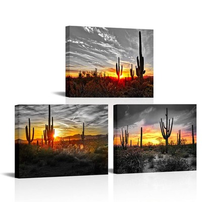 3 Panel Beautiful Sunset with Saguaros Landscape Canvas Wall Art Sonoran Dese...