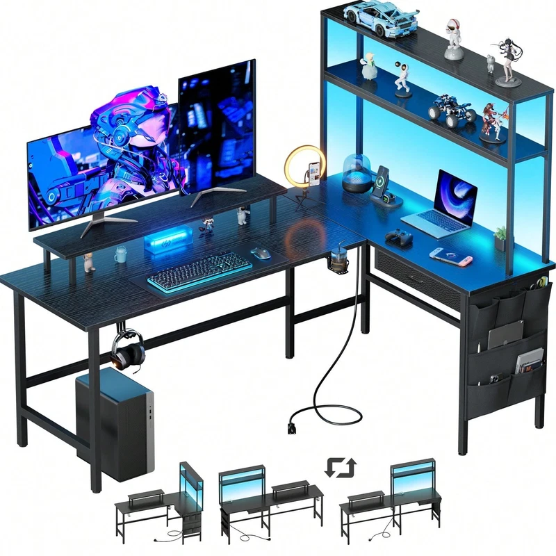 L-shaped gaming desk with LED lights and outlets