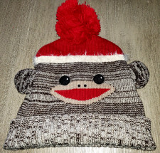 womens mens SOCK MONKEY WINTER HAT ONE SIZE FITS MOST red pompom EARS cute 